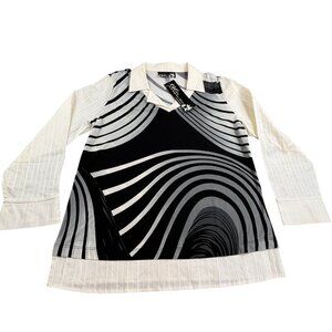 VTG CSC Studio Blouse Women Medium White Black Exotic Rave USA Made Trippy Hippy